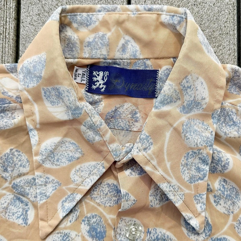 Vintage 1970s 70s Men Sz L TALL Peach Leaves Stretch Saturday Night Fever Disco - Picture 3 of 5